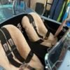 interior of a classic sports car, possibly a Shelby Cobra replica. The seats are covered in sheepskin seat covers and are equipped with racing harnesses.