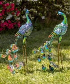 Set of Two 35" Tall Standing Colorful Iron Peacocks