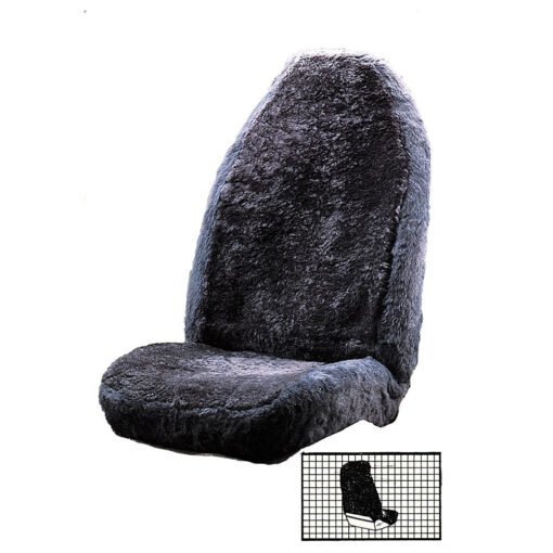 sheepskin seat cover for a car seat. The cover is a dark gray color