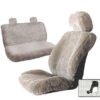 sheepskin seat covers for a car. The covers are a light gray color designed to fit a variety of car seats, including front and rear seats.